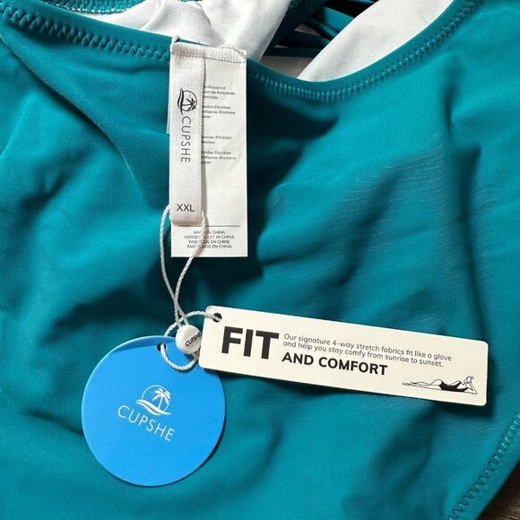 Cupshe Ruffled Neck Deep V Ruched Lace Up One Piece Swimsuit Size XXL Teal Blue - Picture 5 of 8